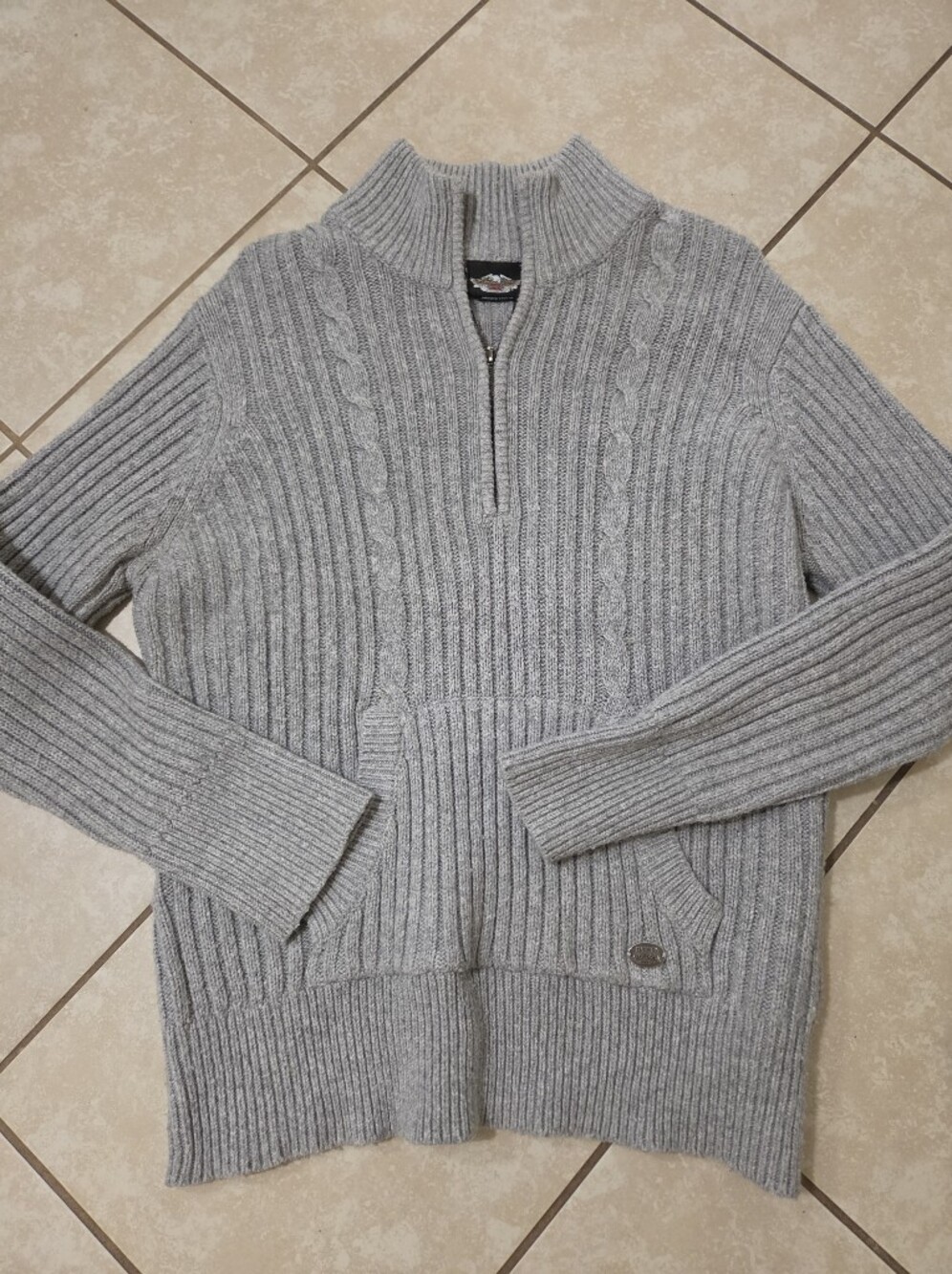 Hatley Davidson Men's Grey Ribbed Half-Zip Sweater